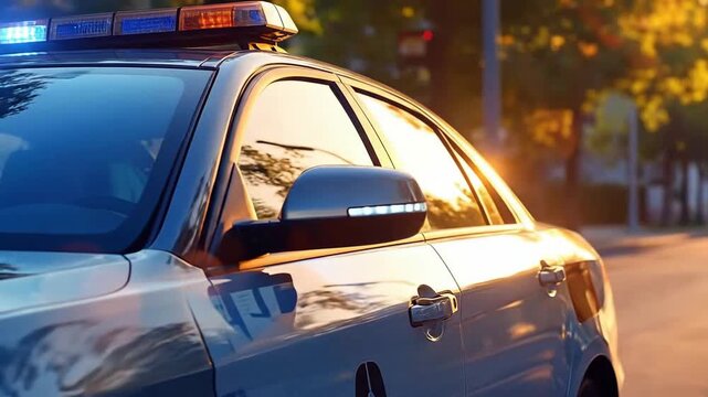 Police Car on Patrol with Flashing Lights During Golden Hour.