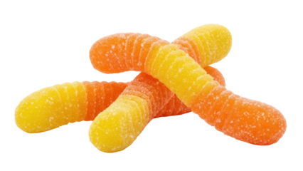 Isolated pile of yellow-and-orange gummy worms, sugary, chewy candy for children and adults alike