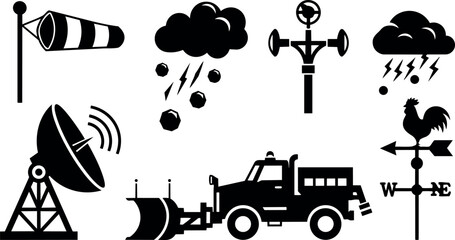 Black silhouette vector icons of weather vane wind sock weather forecast agricultural truck plow antenna and thunderstorm clouds