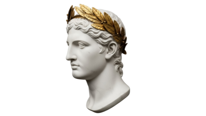 Isolated marble bust with a golden wreath, classical Greek sculpture art, artistic rendering