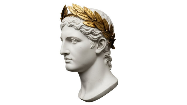 Isolated marble bust with a golden wreath, classical Greek sculpture art, artistic rendering
