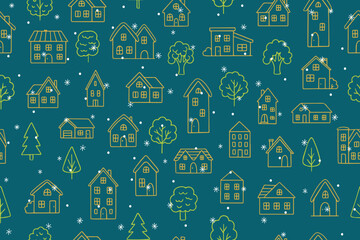 A charming winter-themed vector illustration featuring various houses and trees arranged in a whimsical pattern, complete with falling snowflakes on a teal background.