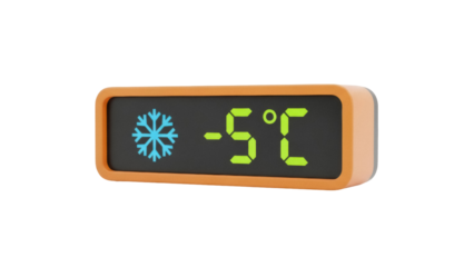 Isolated orange thermometer displaying cold temperature of -5 degrees Celsius on black display
