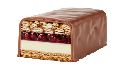 Isolated layered dessert bar with chocolate coating, creamy filling, jam, and granola