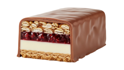 Isolated layered dessert bar with chocolate coating, creamy filling, jam, and granola