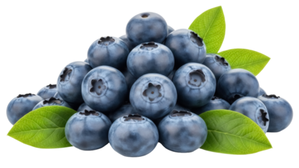 Isolated pile of fresh blueberries with leaves on no background for healthy eating concept