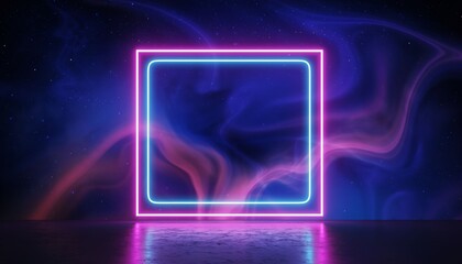 Obraz premium Vector 3d render, square glowing in the dark, pink blue neon light, illuminate frame design. Abstract cosmic vibrant color backdrop. Glowing neon light. Neon frame with rounded corners.