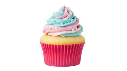 Isolated single cupcake with pink wrapper and blue-pink frosting, sweet bakery dessert treat