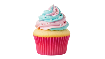 Isolated single cupcake with pink wrapper and blue-pink frosting, sweet bakery dessert treat