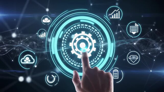 Hand interacting with digital interface automation technology and business data management system for optimization