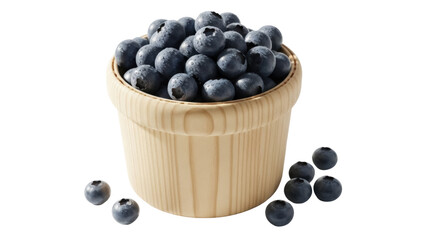 Isolated full wooden bowl of fresh blueberries on a plain background ready for use in a recipe