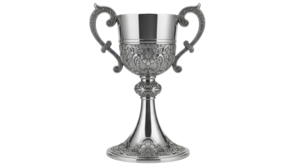 Isolated ceremonial trophy cup, silver goblet with ornate handles and base on display table