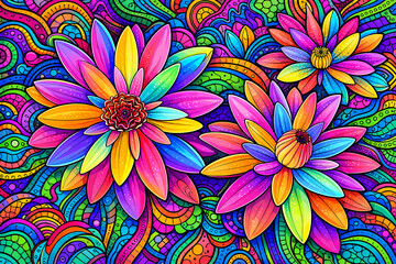 Vibrant Multicolor Lotus Doodle Illustration Full Background