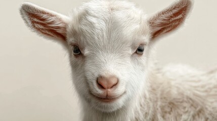 Fototapeta premium Adorable white baby goat extreme close-up portrait
