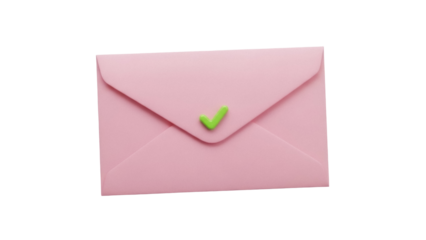 Isolated pink envelope with green checkmark indicates message approved, delivered, secure