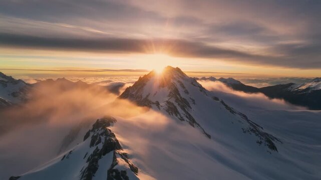 Majestic mountain peak at sunrise with golden sunrays shining through clouds aerial view