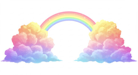 Fototapeta premium Arc-en-ciel vibrant aux couleurs pastel se pose delicatement sur nuages cotonneux creant une ambiance reveuse et douce. AI Generated