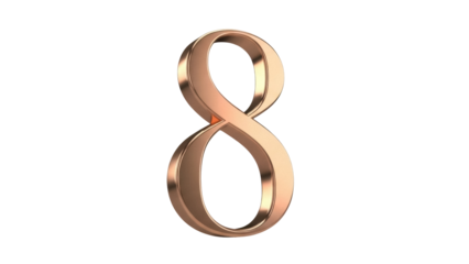 Isolated bronze number 8, three-dimensional rendering, metallic, shiny and lustrous