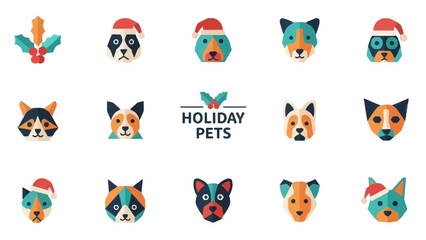 Collection of Cartoon Dog Faces Wearing Santa Hats.