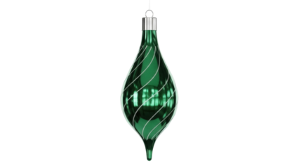 Isolated green teardrop Christmas tree ornament with silver accents suspended in air