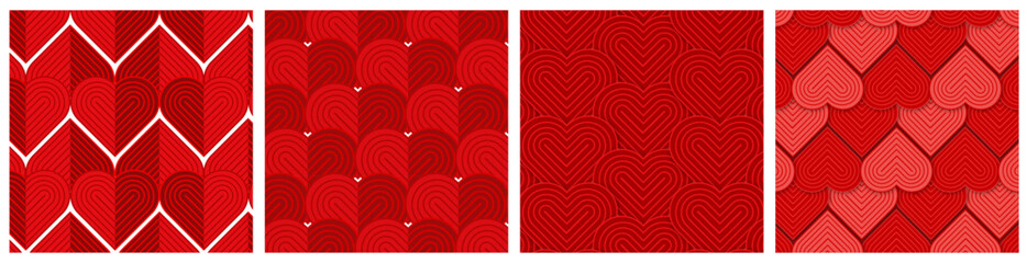 Set of 4 Red Geometric Heart Seamless Patterns for Valentine&rsquo;s Day Romantic Backgrounds and Love Design