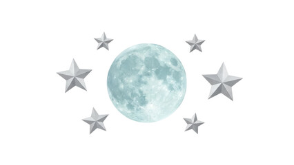 Isolated glowing moon surrounded by silver stars for celestial themed decorations