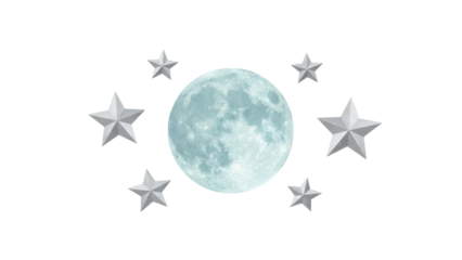 Isolated glowing moon surrounded by silver stars for celestial themed decorations