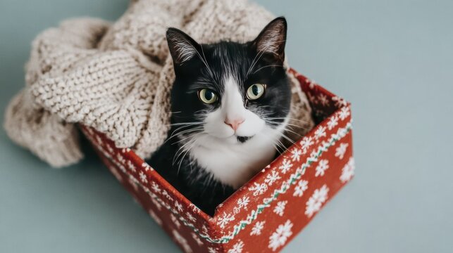 Cute black and white cat in festive red box with knit blanket - Powered by Adobe