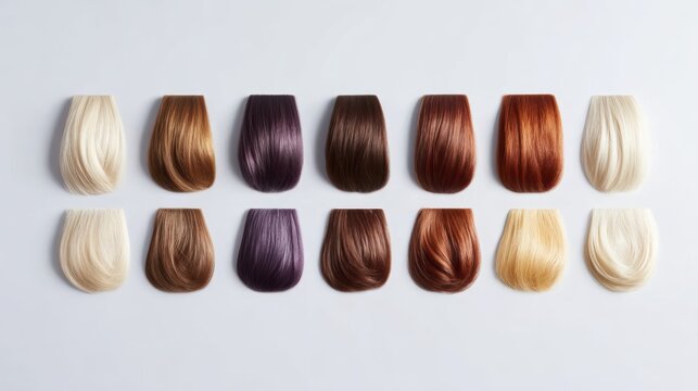 Diverse hair color sampler display showcasing variety of shades and textures