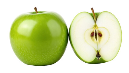 Isolated Granny Smith green apple alongside a half apple showcasing core and seeds on display