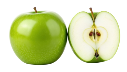 Isolated Granny Smith green apple alongside a half apple showcasing core and seeds on display