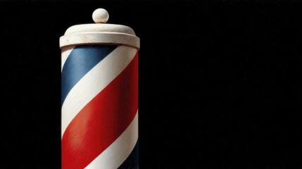 Classic barber pole with red, white, and blue stripes against a black background