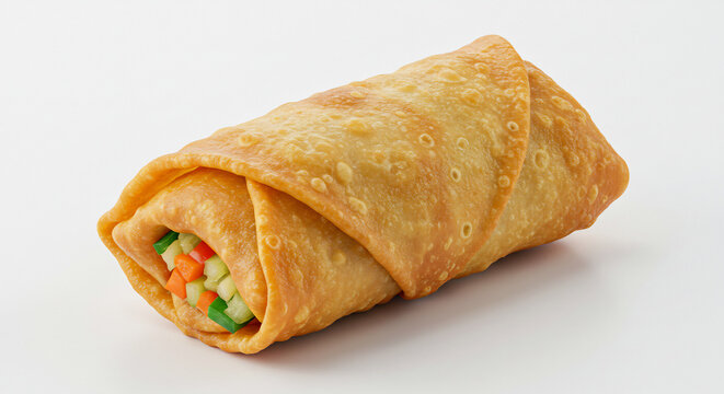 D�licieux rouleau de printemps dor� frit aux l�gumes color�s et croquants joliment pr�sent� sur un fond blanc lumineux. AI Generated
