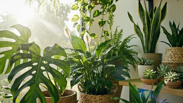 Indoor plants in pots on shelf greenery in sunbeams.