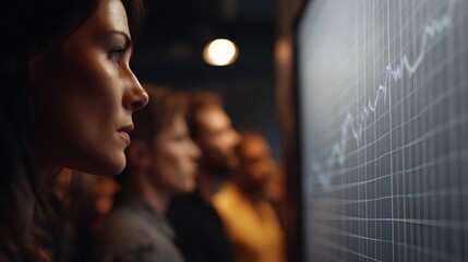 Business professionals intently observing a financial graph displayed on a large screen