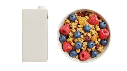 Isolated breakfast, food composition with cereal, berries, fruit juice, and milk carton