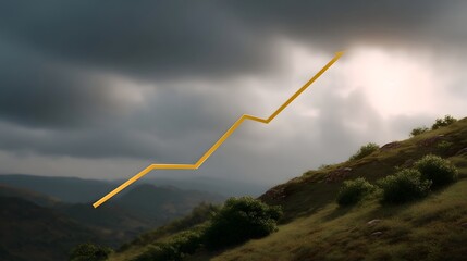 A yellow upward trending graph is superimposed on a dramatic stormy mountain landscape with sunlight breaking through