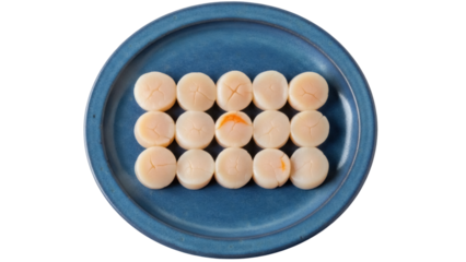 Isolated raw scallops arranged on blue plate ready to cook delicious seafood meal dish