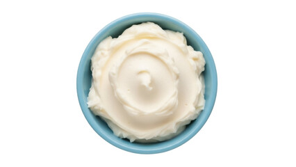 Isolated bowl of cream for dessert, food photography, baking ingredient. Overhead view