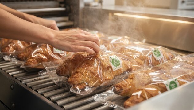 Footage showing hands wrapping freshly baked goods in clear plantbased film on an automated line emphasizing transparent ecofriendly bakery packaging solutions.