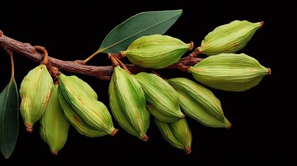 A close-up of a branch with green seed pods and a single leaf against a black background, showcasing botanical details and organic shapes in nature. The composition highlights freshness.