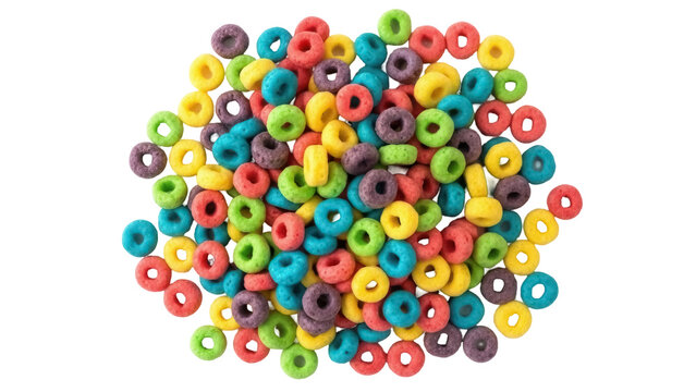 Isolated pile of colorful breakfast cereal rings, cheerful and appetizing, fun for kids