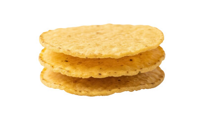 Isolated stack of crispy tortilla chips in closeup, light-colored yellow snacks for dipping