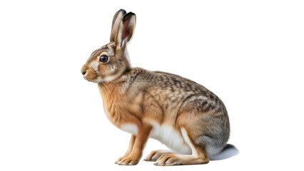 Isolated sitting European hare Lepus europaeus showing brown and gray fur and long ears