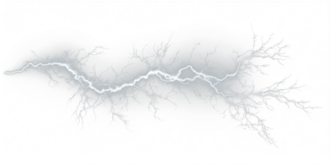 A striking white lightning bolt cuts through the storm, flashing light and electric energy. Thunder rolls as bolts radiate danger. Perfect PNG for stormy visuals.