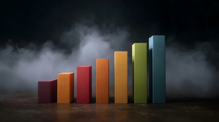 A vibrant multi colored bar graph displaying increasing height against a smoky dark background representing business growth and positive trends