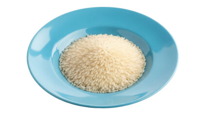 Isolated cooked rice in a blue ceramic bowl, food ingredient for Asian cuisine cooking