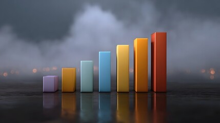 Colorful bar graph showing upward growth and progress in a misty atmospheric setting