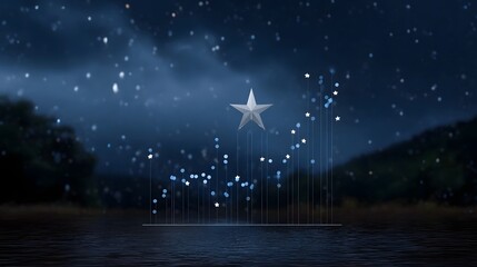 A silver star ascends on a digital growth chart against a dark star filled night sky with rain