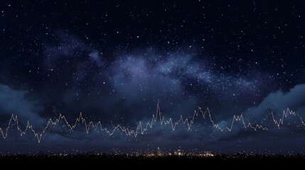 An abstract representation of data trends visualized against a starry night sky over a glowing cityscape